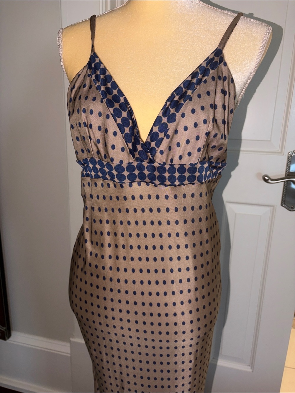 Diesel Taupe Satin Slip Dress with Navy Polka Dots